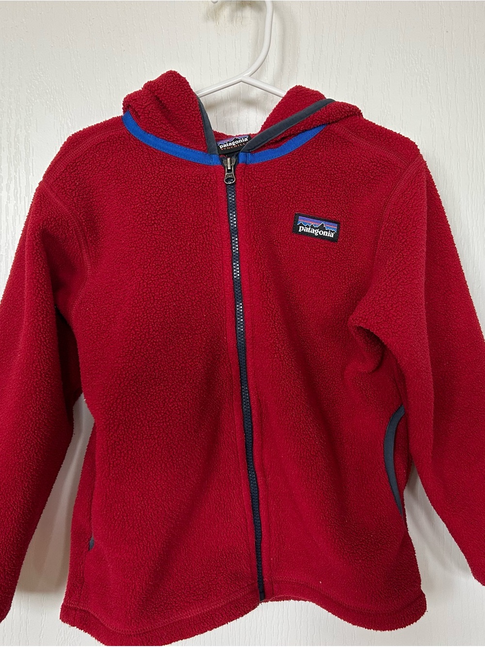 Patagonia Red Kids Hooded Fleece Jacket with Blue Trim